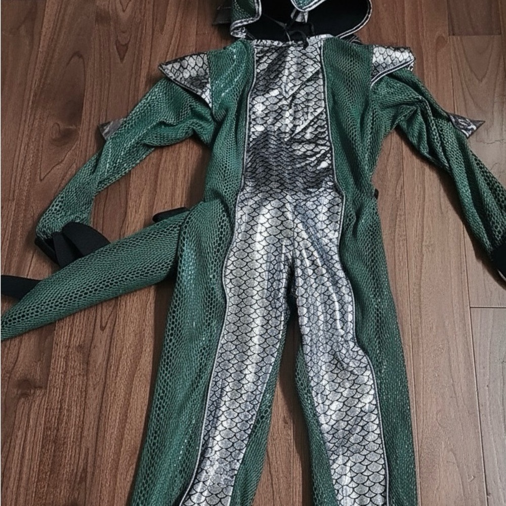Green Dragon Dinosaur Toddler Kids Halloween Costume 3T-4T Silver scales - Picture 3 of 4